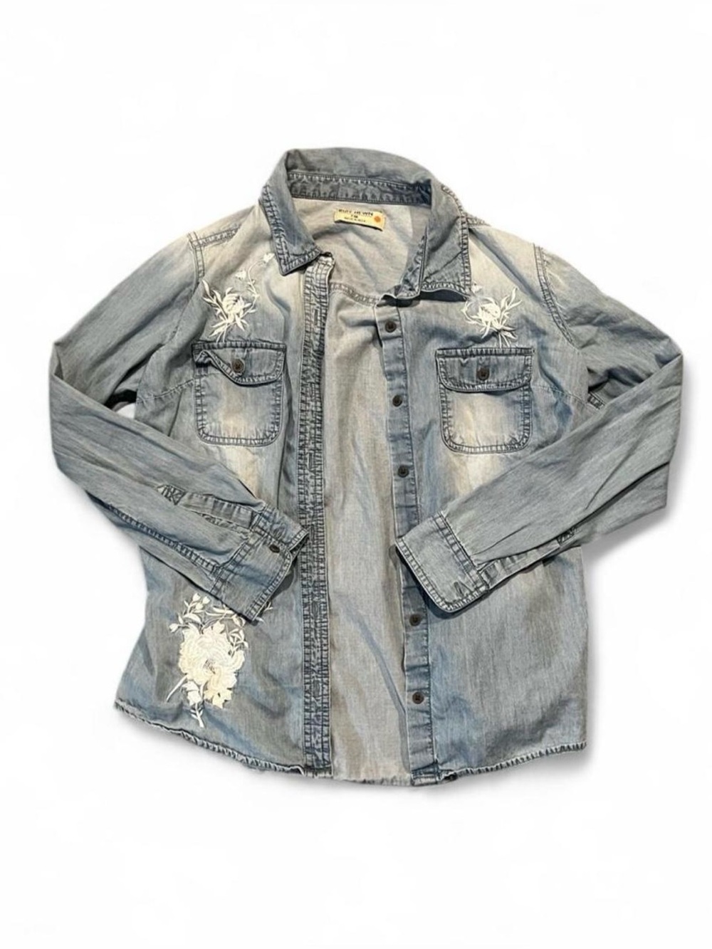 Ruff Hewn Light Blue Denim Button-Down Shirt with White Floral Embroidery